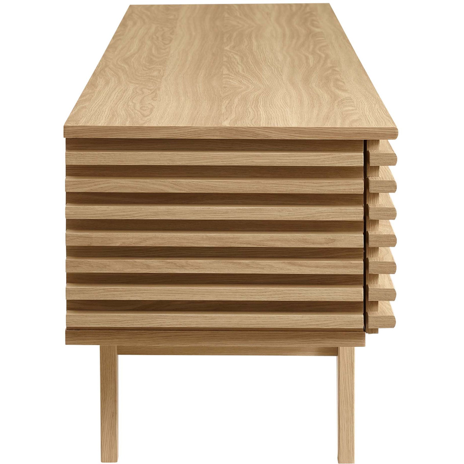 Oak TV stand with layered slat profile and minimalist silhouette. || EEI-3348-OAK || side_studio