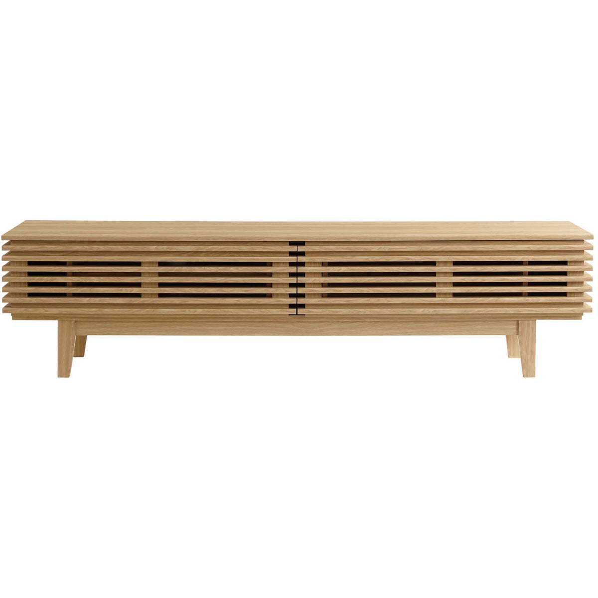 Oak TV stand with slatted front doors and mid-century profile for modern media storage. || EEI-3348-OAK || front_studio