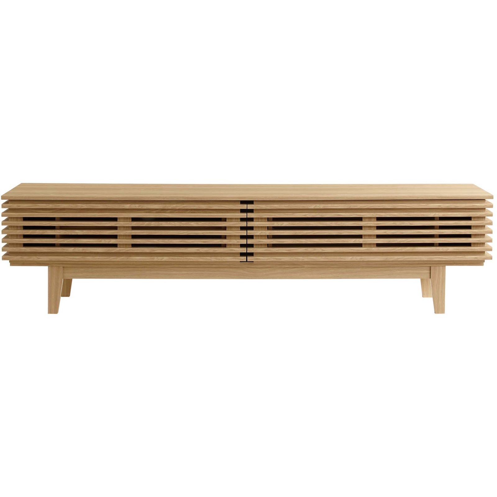 Oak TV stand with slatted front doors and mid-century profile for modern media storage. || EEI-3348-OAK || front_studio