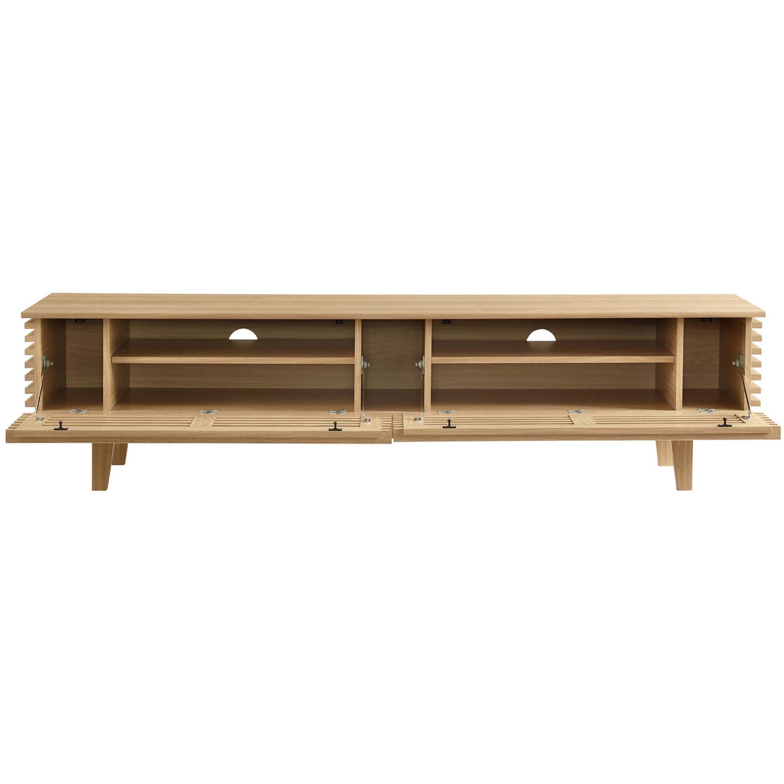 Oak TV stand with dual drop-down doors revealing spacious shelving and cable cutouts. || EEI-3348-OAK || front_open_studio