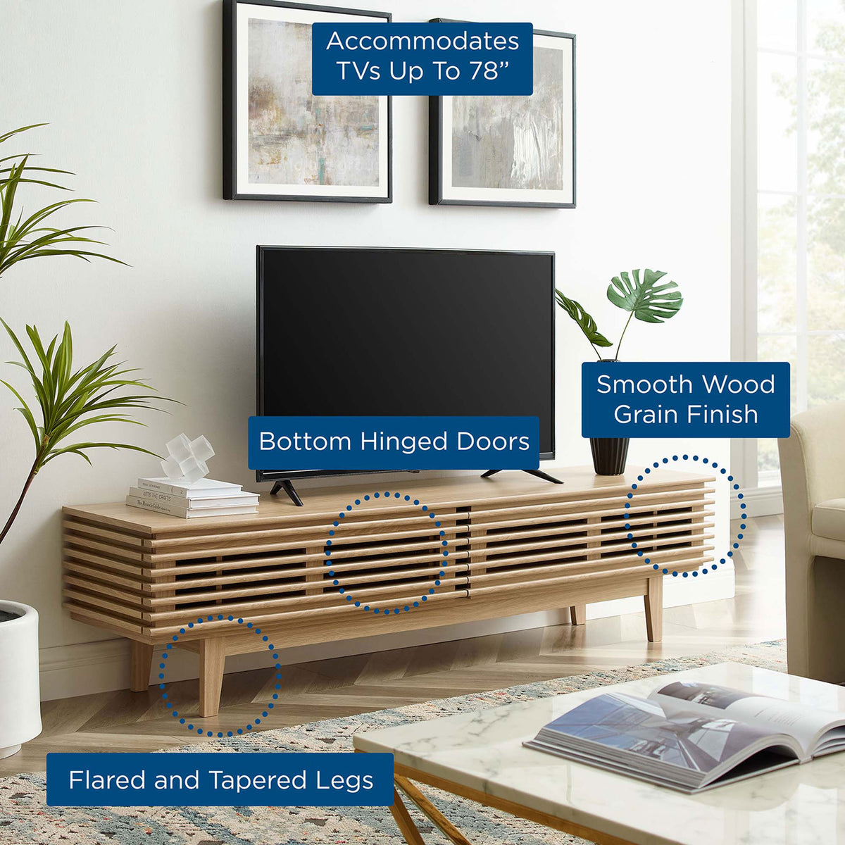 Oak TV stand highlighting TV capacity, slatted doors, and flared tapered legs. || EEI-3348-OAK || callout_room