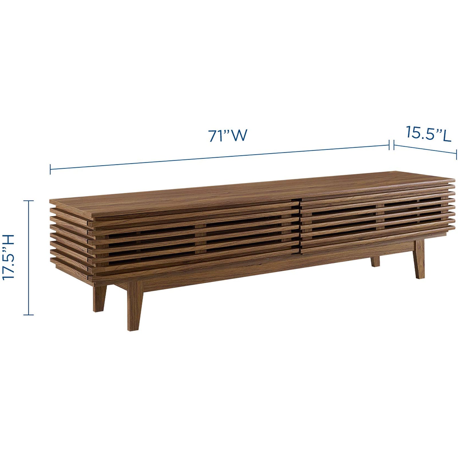 Walnut TV stand with dimensions labeled for width, depth, and height. || EEI-3348-WAL || dimension_studio