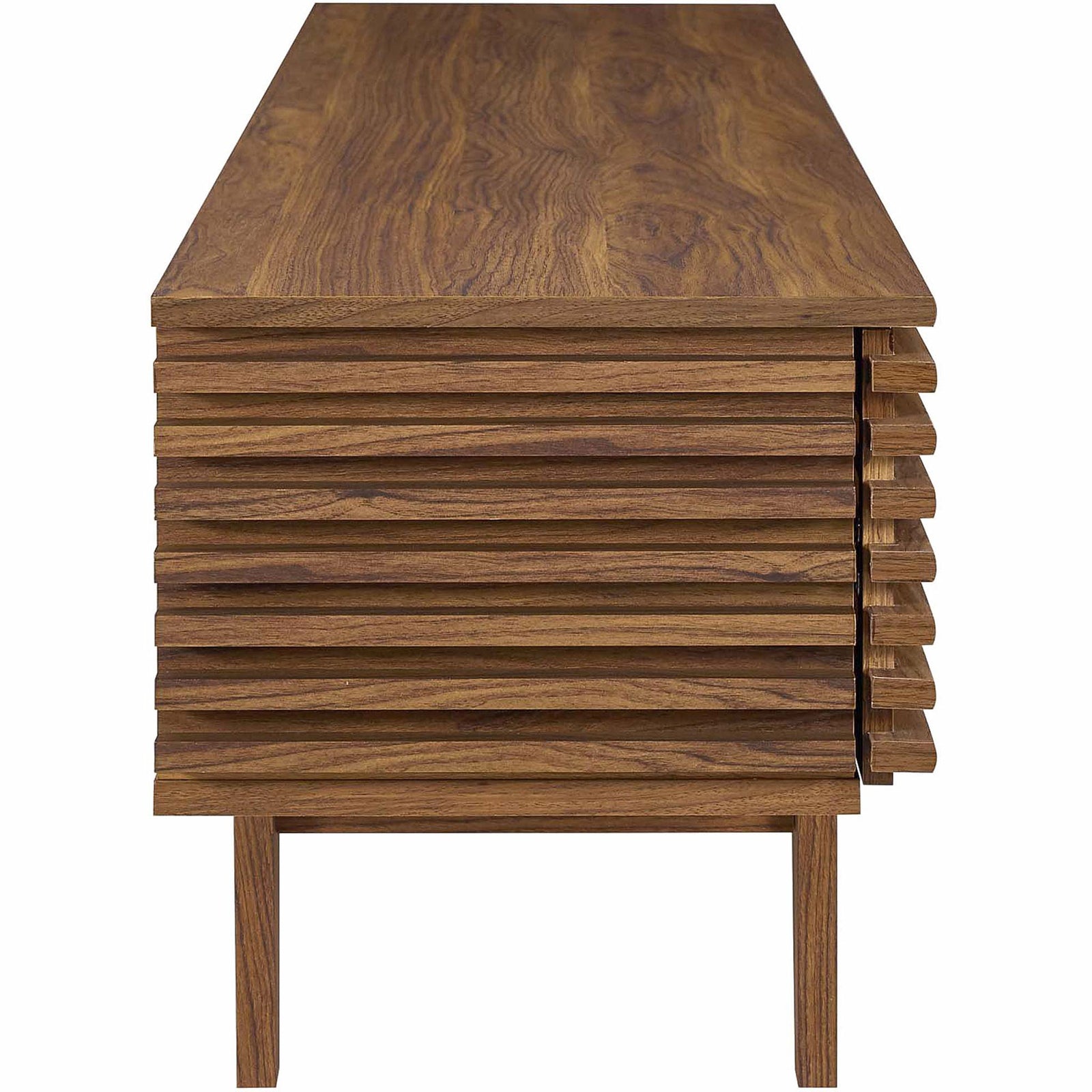 Walnut TV stand showcasing layered slat profile and clean side silhouette. || EEI-3348-WAL || side_studio