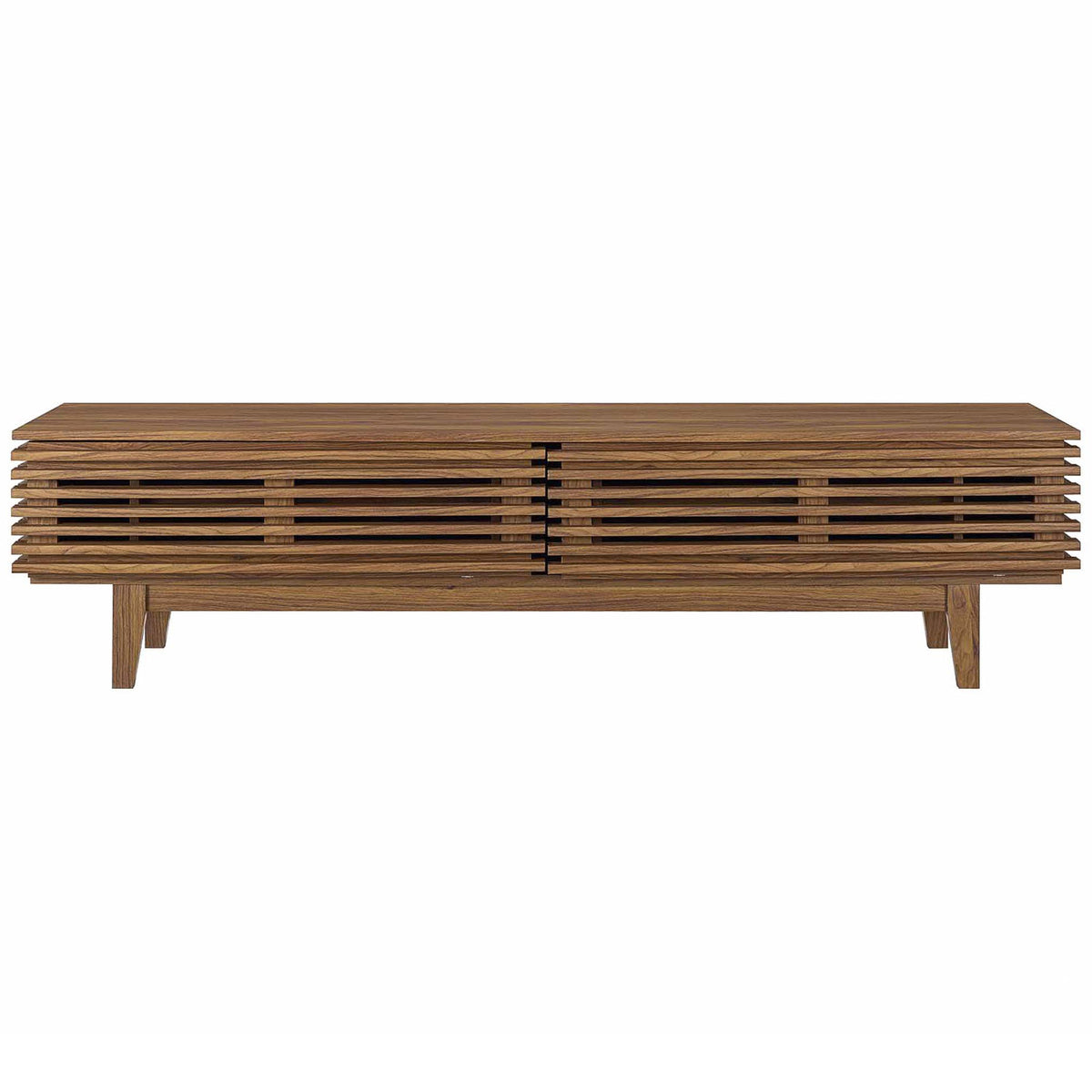 Walnut TV stand offering concealed storage behind horizontal slatted doors. || EEI-3348-WAL || front_studio