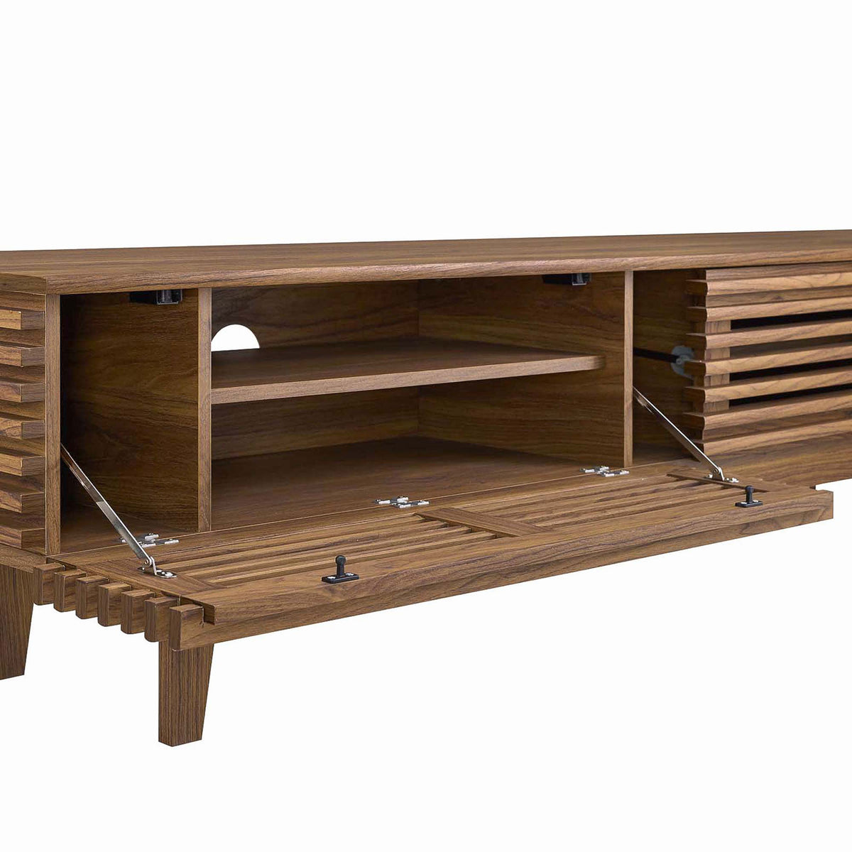 Open walnut TV stand compartment with adjustable shelf and drop-down door. || EEI-3348-WAL || storage_open_studio