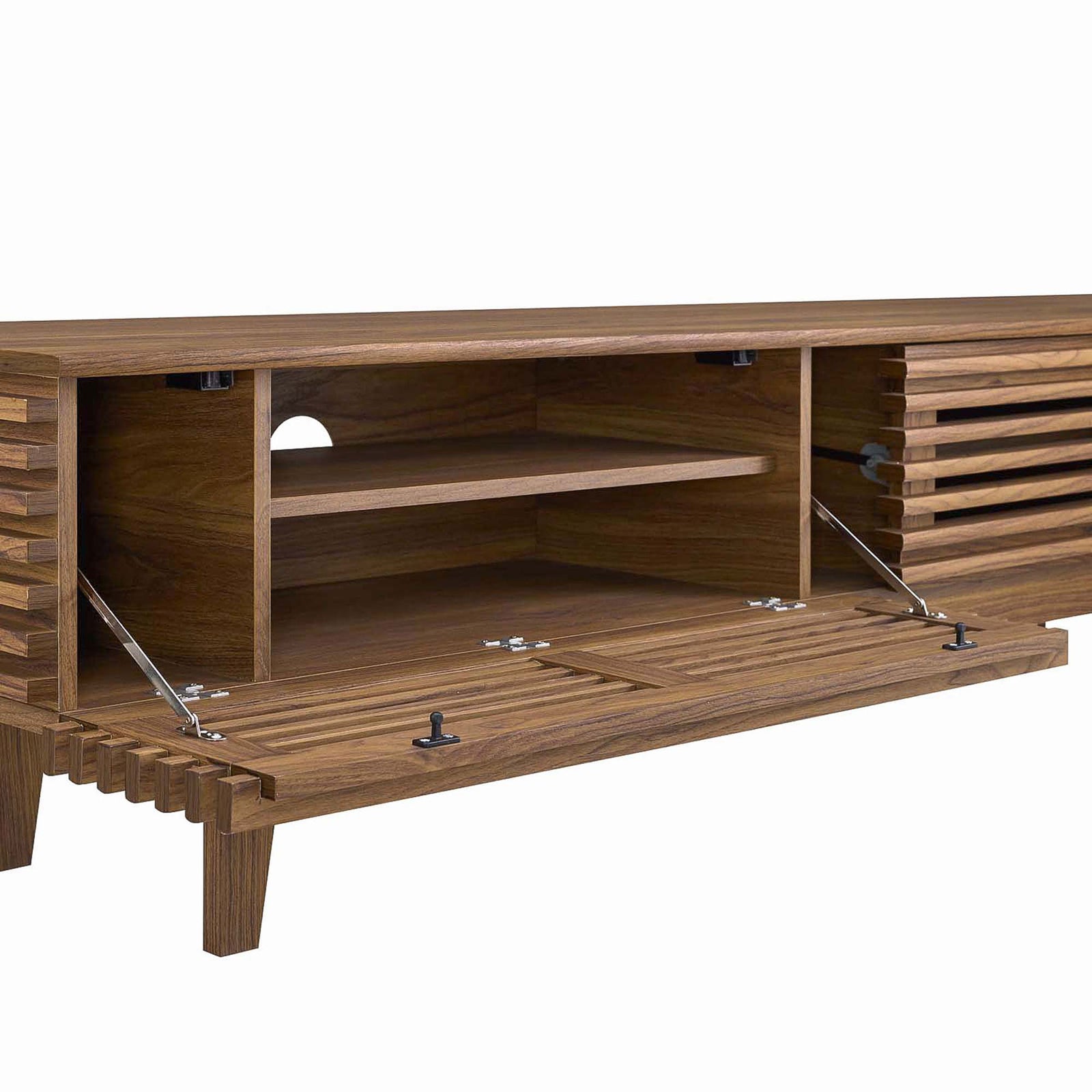 Open walnut TV stand compartment with adjustable shelf and drop-down door. || EEI-3348-WAL || storage_open_studio