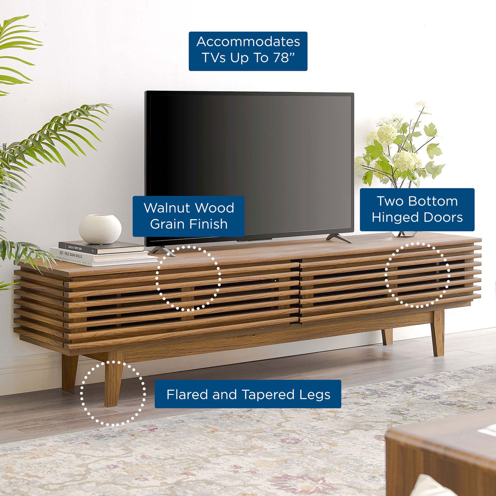Walnut TV stand highlighting TV capacity, drop-down doors, and flared tapered legs. || EEI-3348-WAL || callout_room