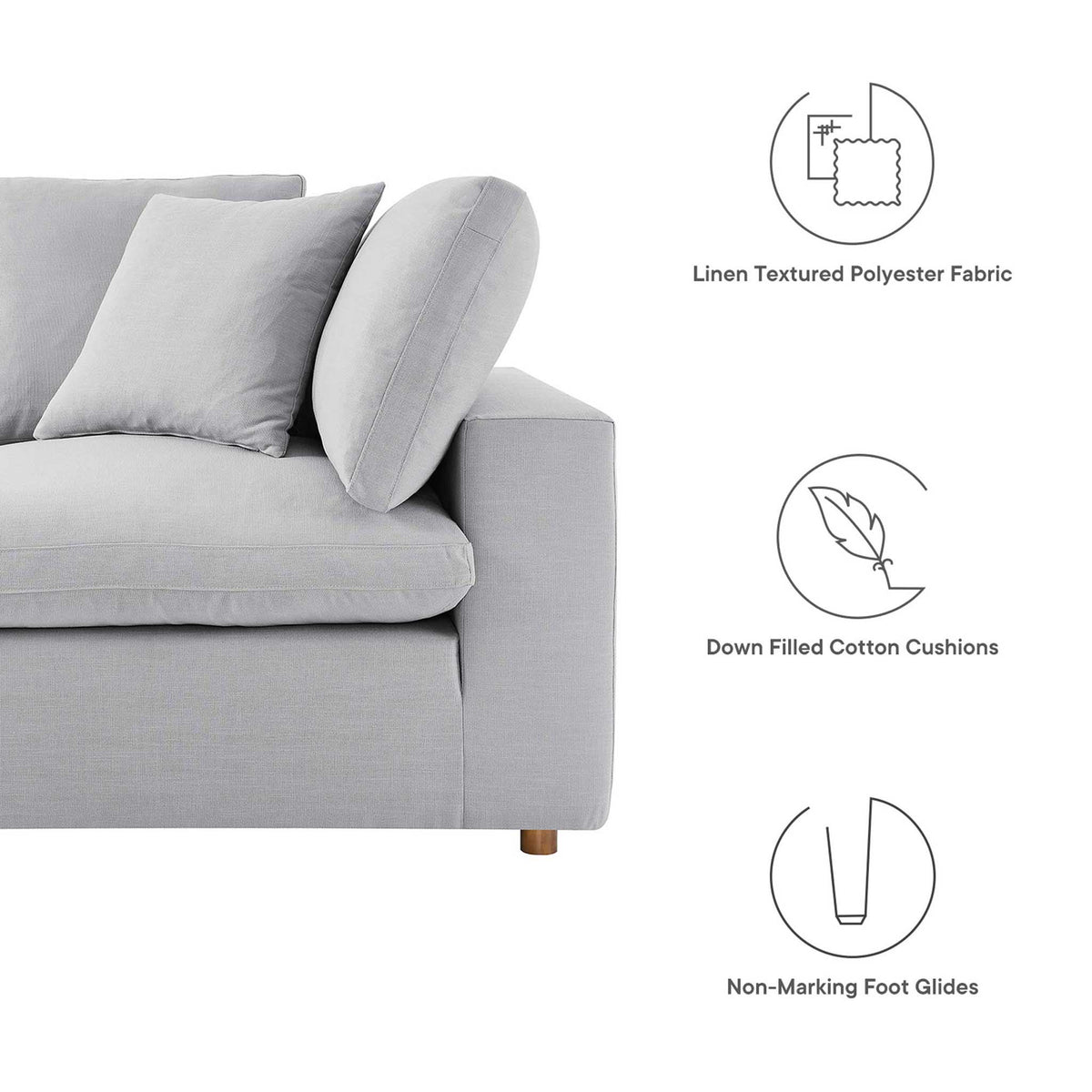 Light gray linen-textured polyester and down and cotton cushions promise plush comfort