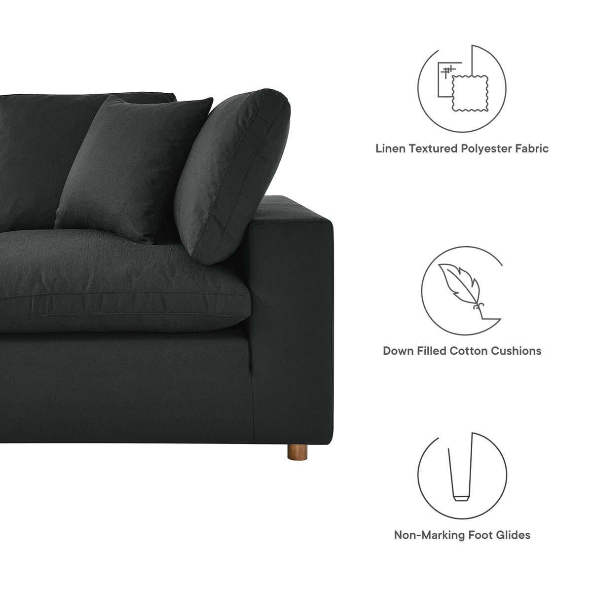 Textured black fabric, down-filled cushions, and discreet feet support cozy lounging