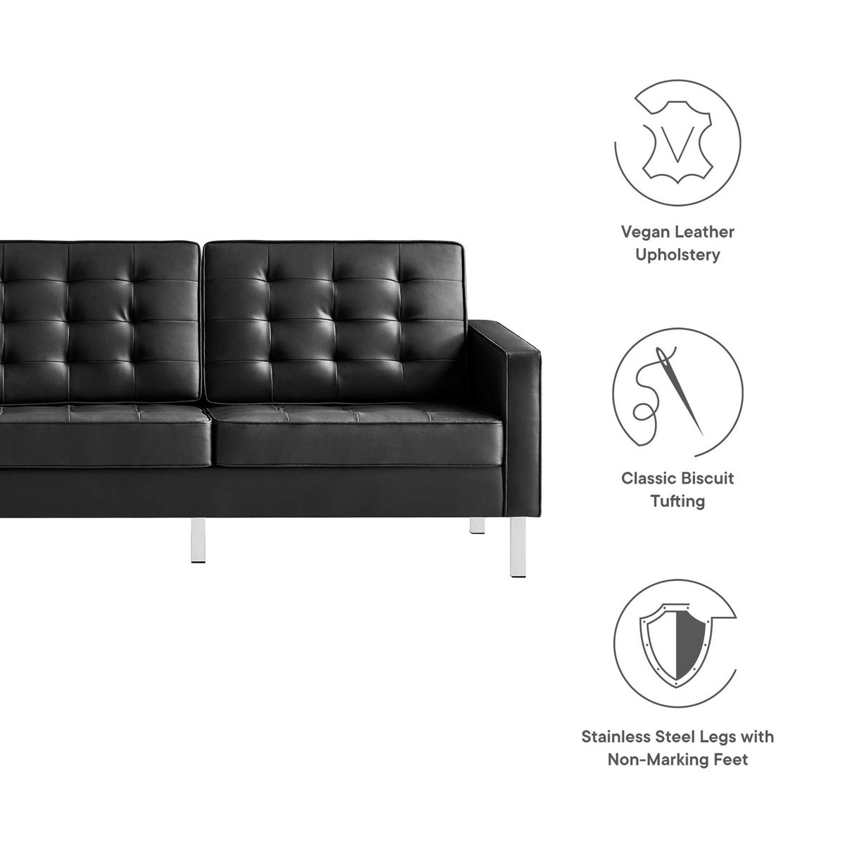 Black vegan leather upholstery, biscuit tufting, and stainless steel legs with nonmarking feet.