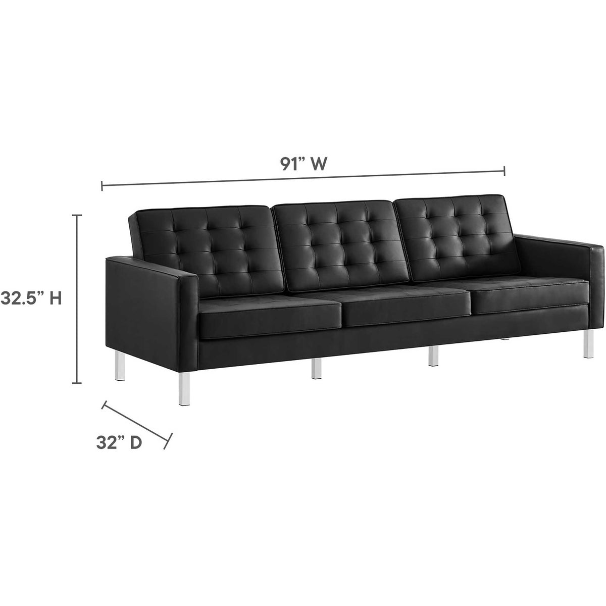 Black tufted sofa measures 91 inches wide, 32 inches deep, and 32.5 inches high.