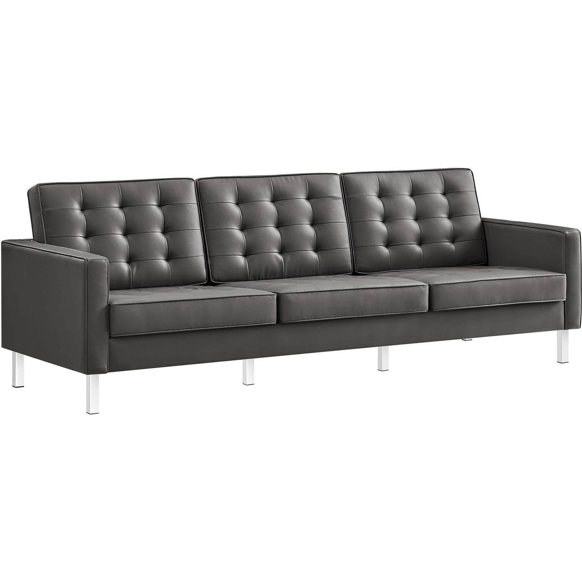 Gray vegan leather sofa with slim track arms, biscuit tufting, and polished chrome legs || EEI-3385-SLV-GRY || front_angle_studio