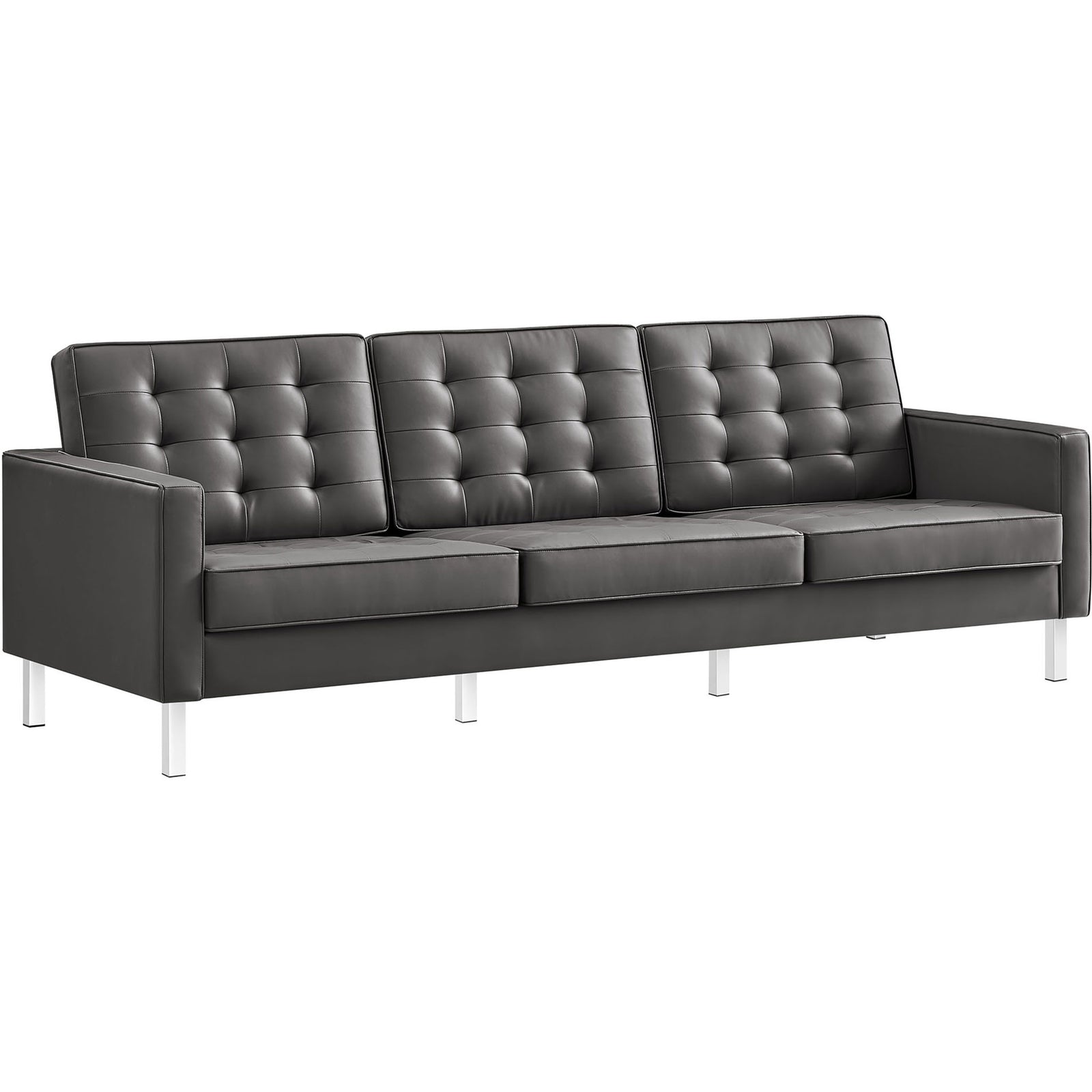 Gray vegan leather sofa with slim track arms, biscuit tufting, and polished chrome legs || EEI-3385-SLV-GRY || front_angle_studio
