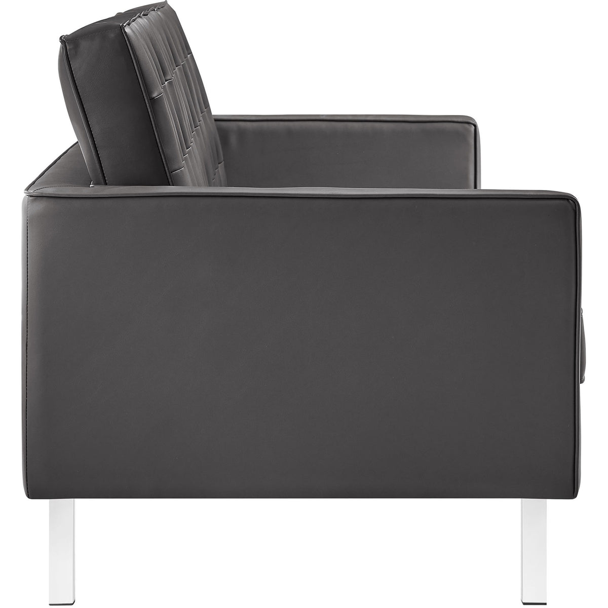 Streamlined profile gray vegan leather sofa with clean lines and cylindrical metal legs || EEI-3385-SLV-GRY || side_studio