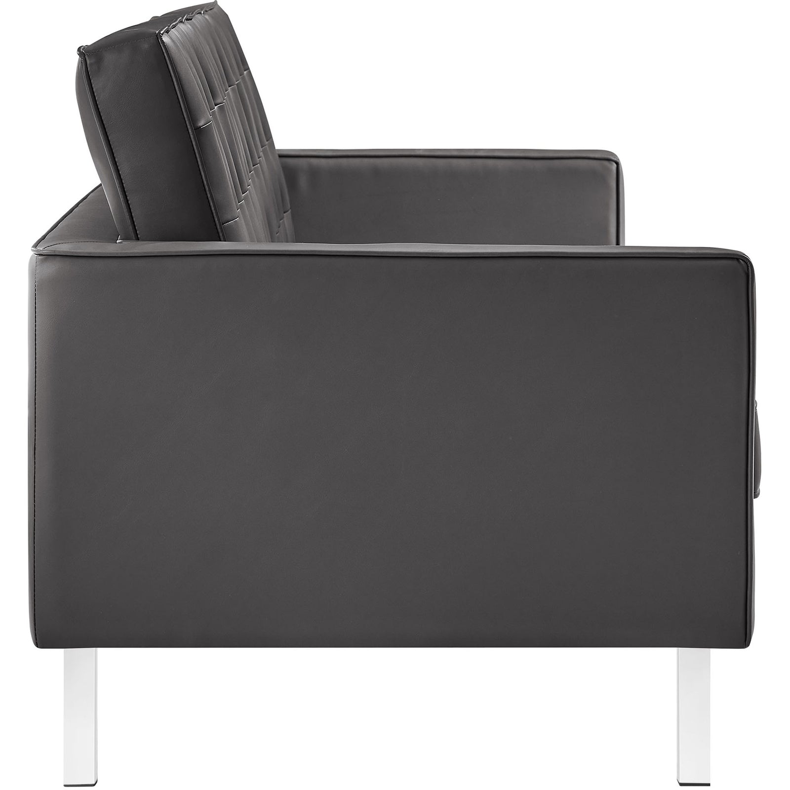 Streamlined profile gray vegan leather sofa with clean lines and cylindrical metal legs || EEI-3385-SLV-GRY || side_studio