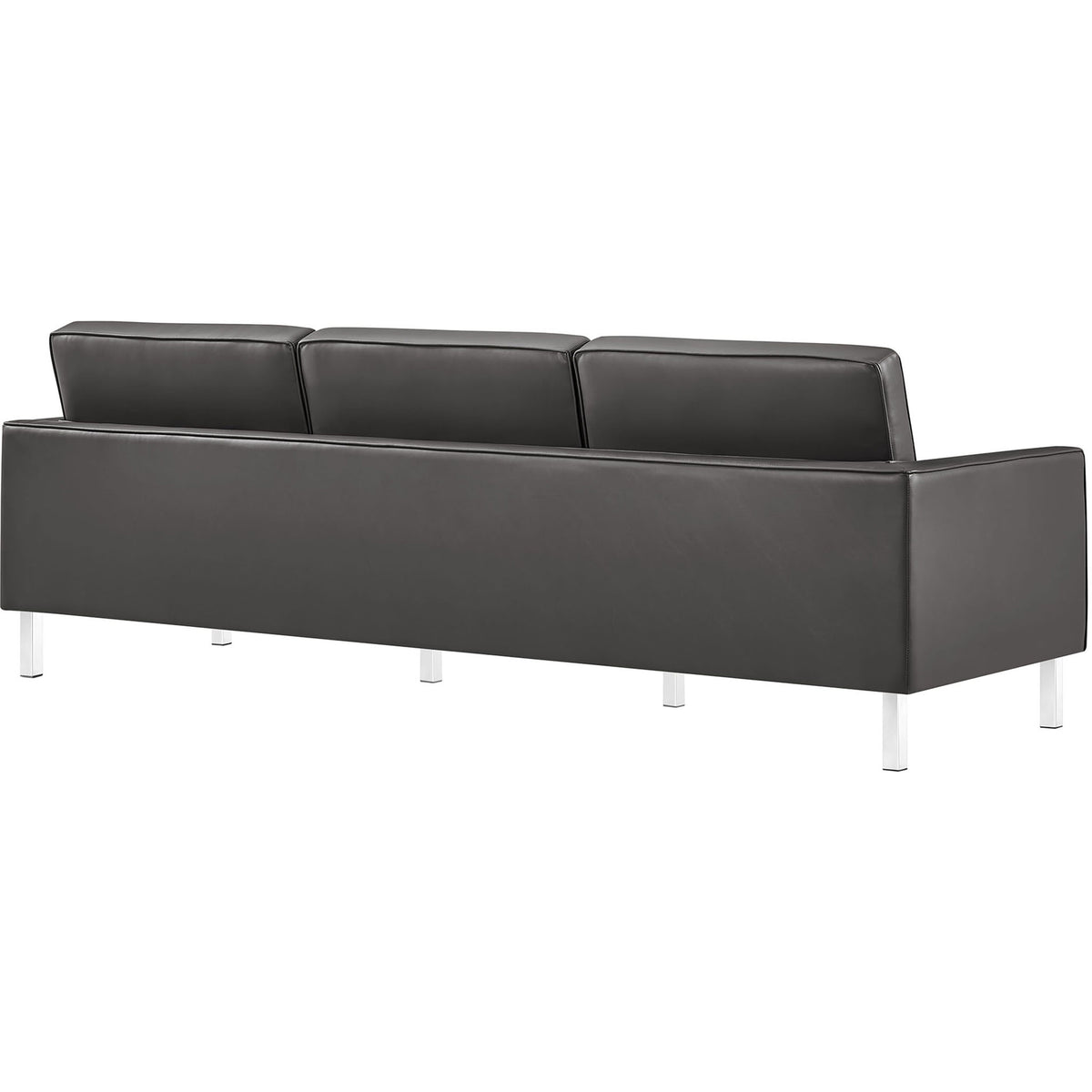 Gray vegan leather sofa with a smooth tailored back, plush cushions, and modern metal legs || EEI-3385-SLV-GRY || back_angle_studio