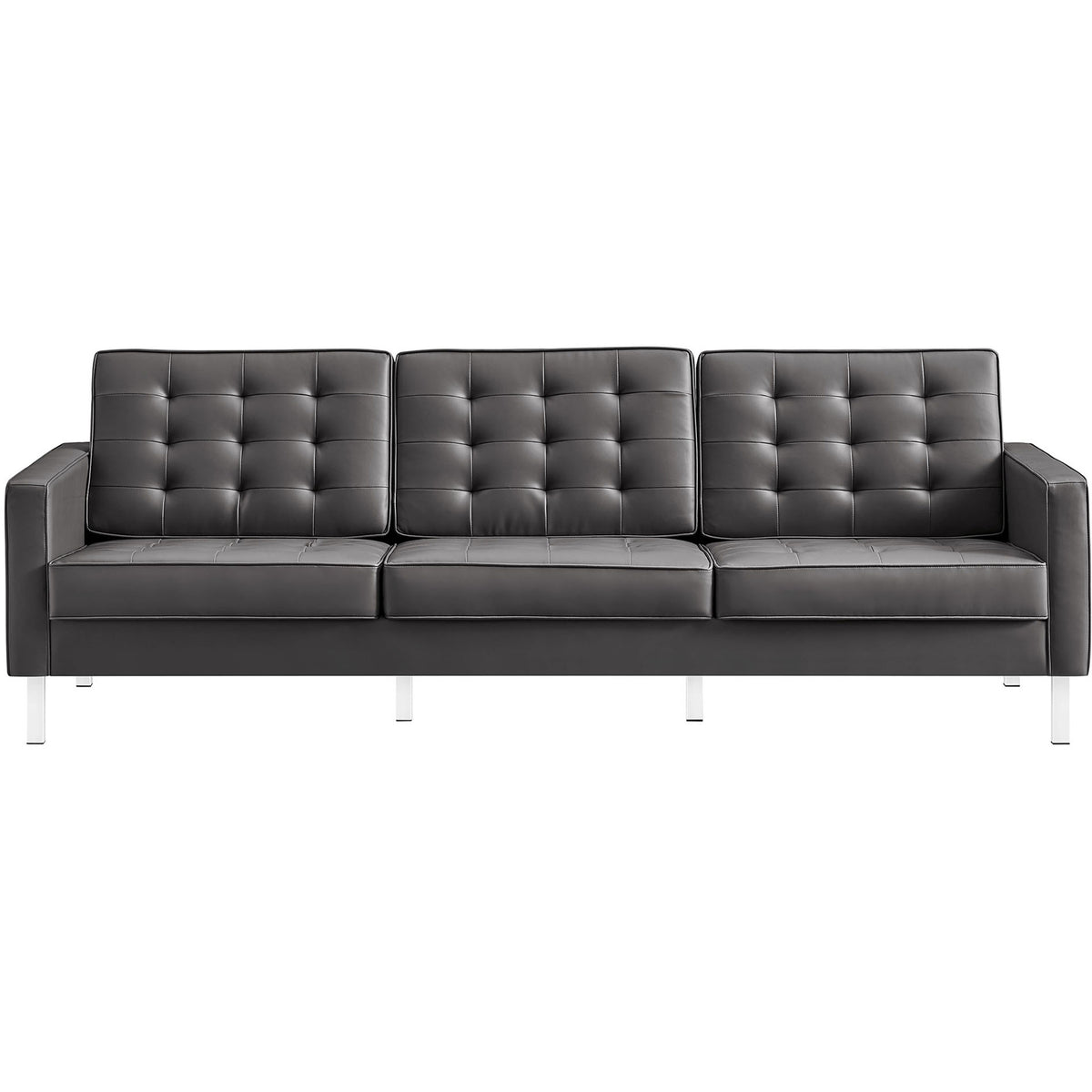 Long gray vegan leather sofa with three tufted cushions and sleek metal legs for modern living rooms || EEI-3385-SLV-GRY || front_studio