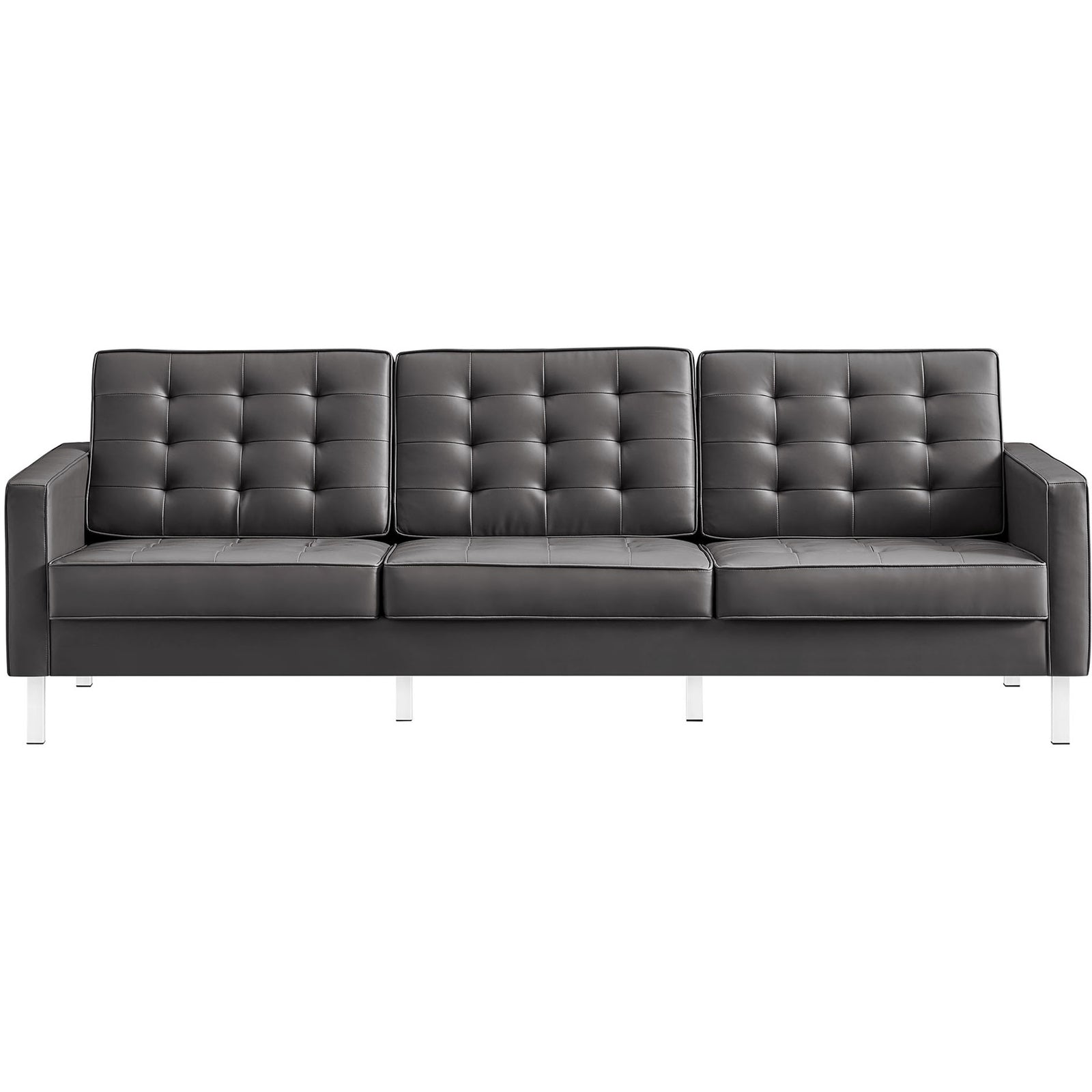 Long gray vegan leather sofa with three tufted cushions and sleek metal legs for modern living rooms || EEI-3385-SLV-GRY || front_studio
