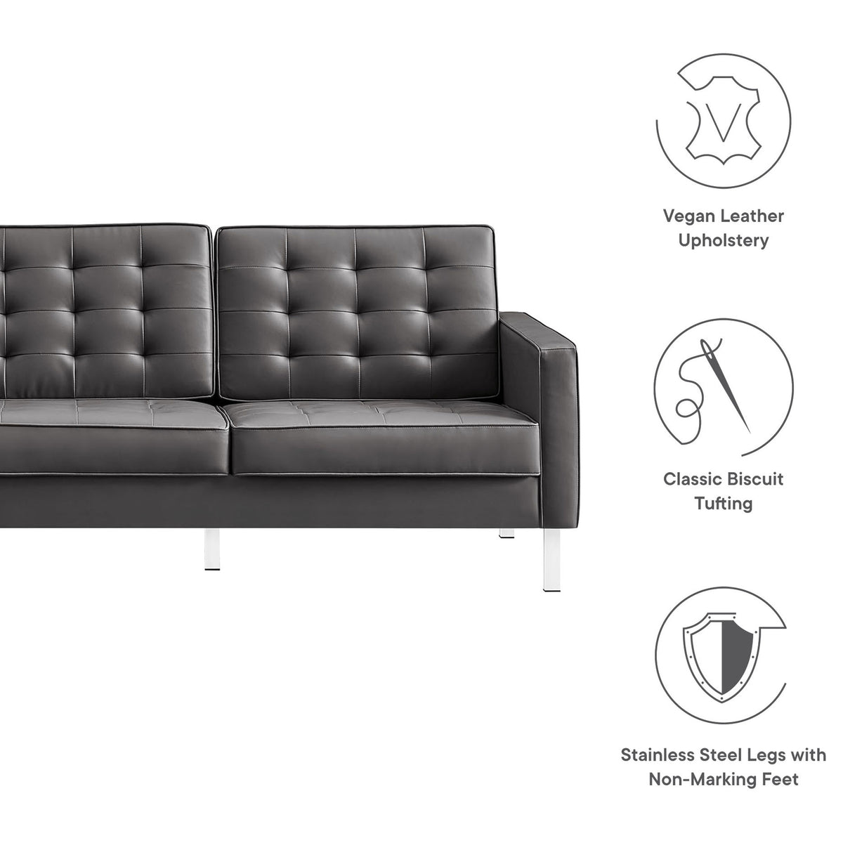 Key features of the Loft sofa including vegan leather upholstery, biscuit tufting, and stainless steel legs || EEI-3385-SLV-GRY || callout_studio