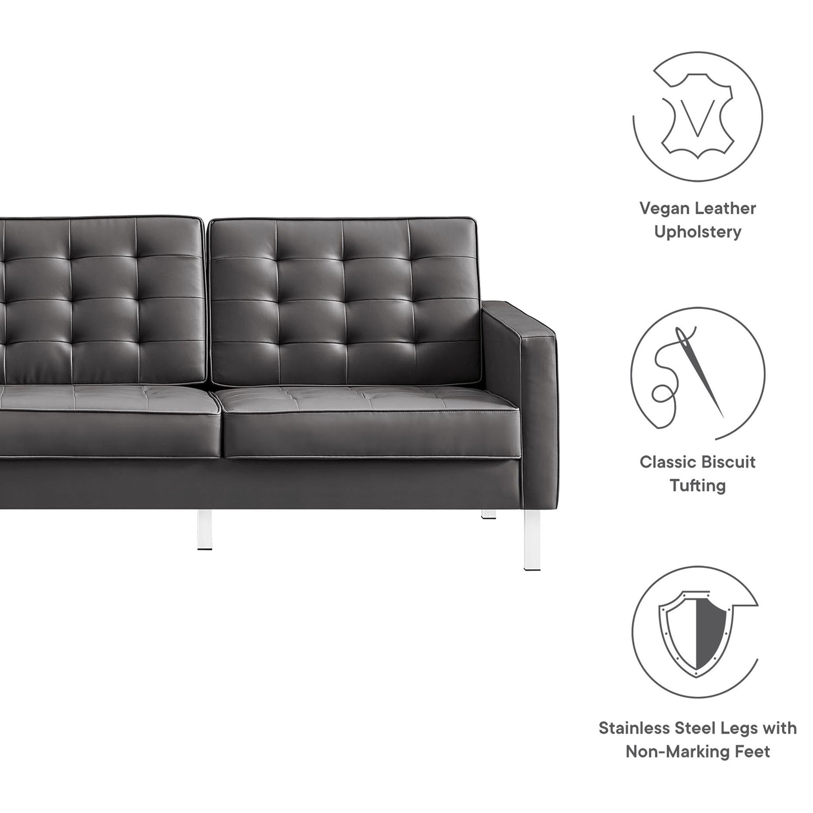 Key features of the Loft sofa including vegan leather upholstery, biscuit tufting, and stainless steel legs || EEI-3385-SLV-GRY || callout_studio