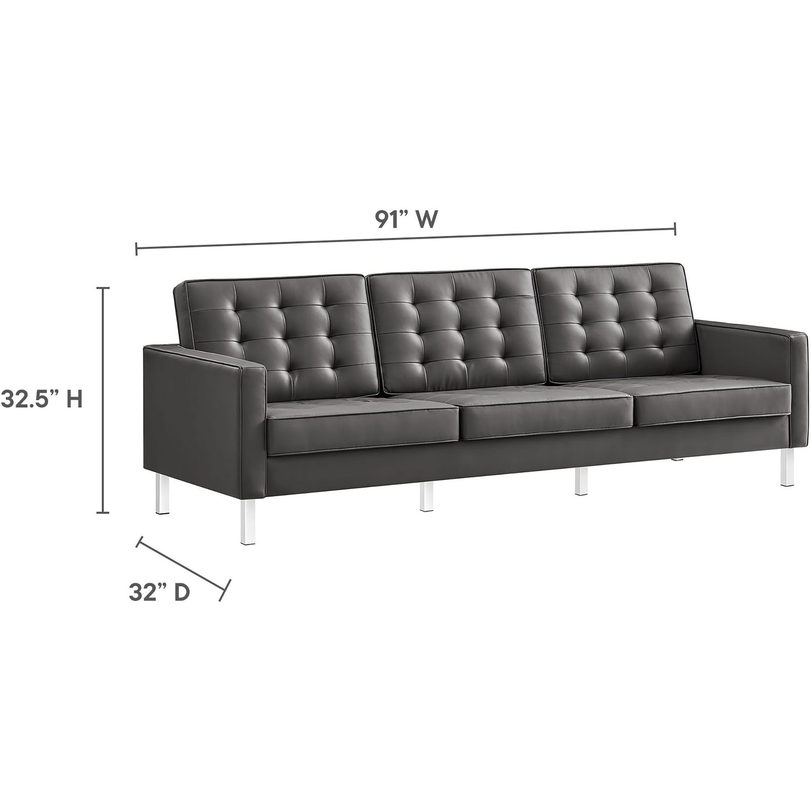 Dimensions of the Loft vegan leather sofa highlighting generous width, depth, and comfortable seat height || EEI-3385-SLV-GRY || dimension_studio