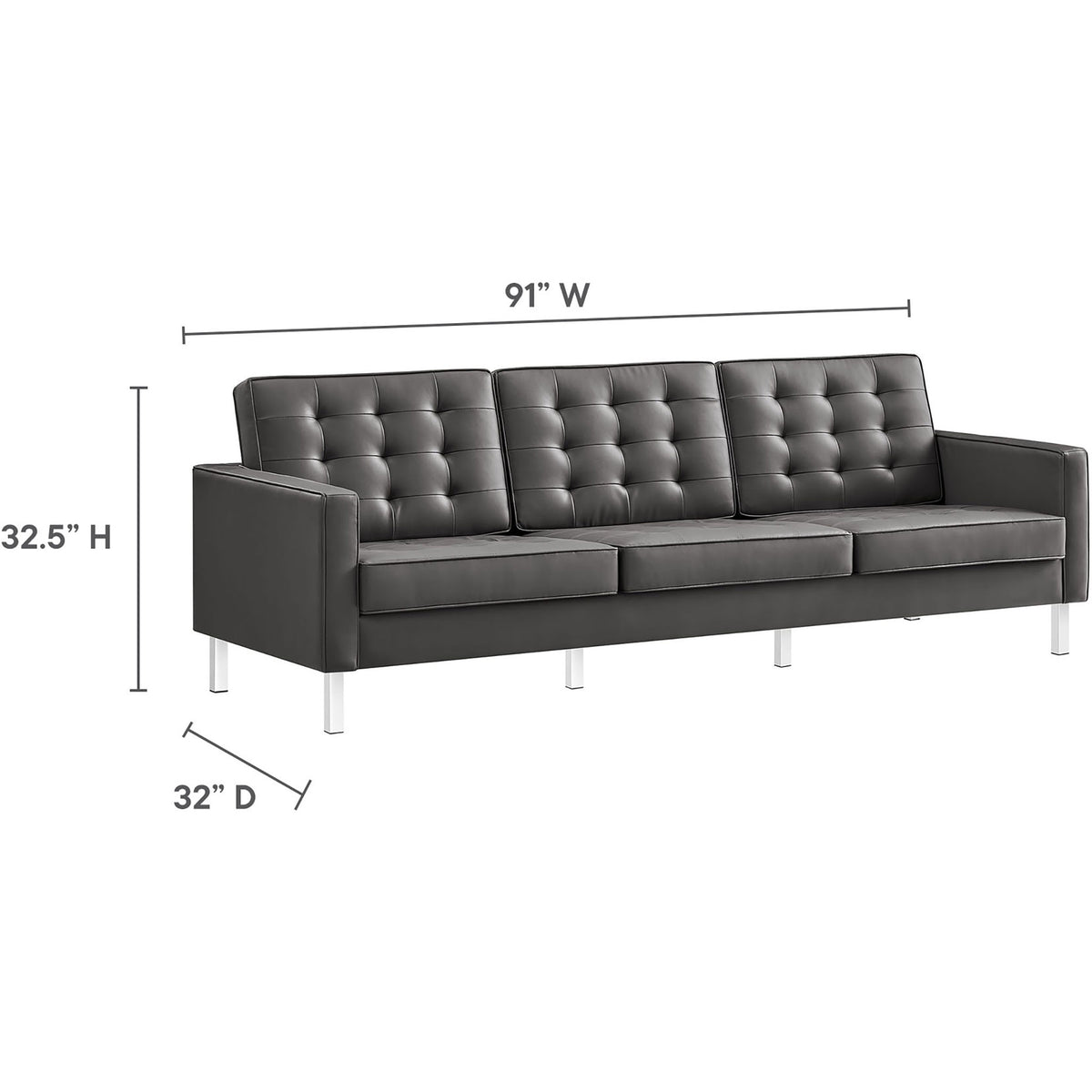 Dimensions of the Loft vegan leather sofa highlighting generous width, depth, and comfortable seat height || EEI-3385-SLV-GRY || dimension_studio