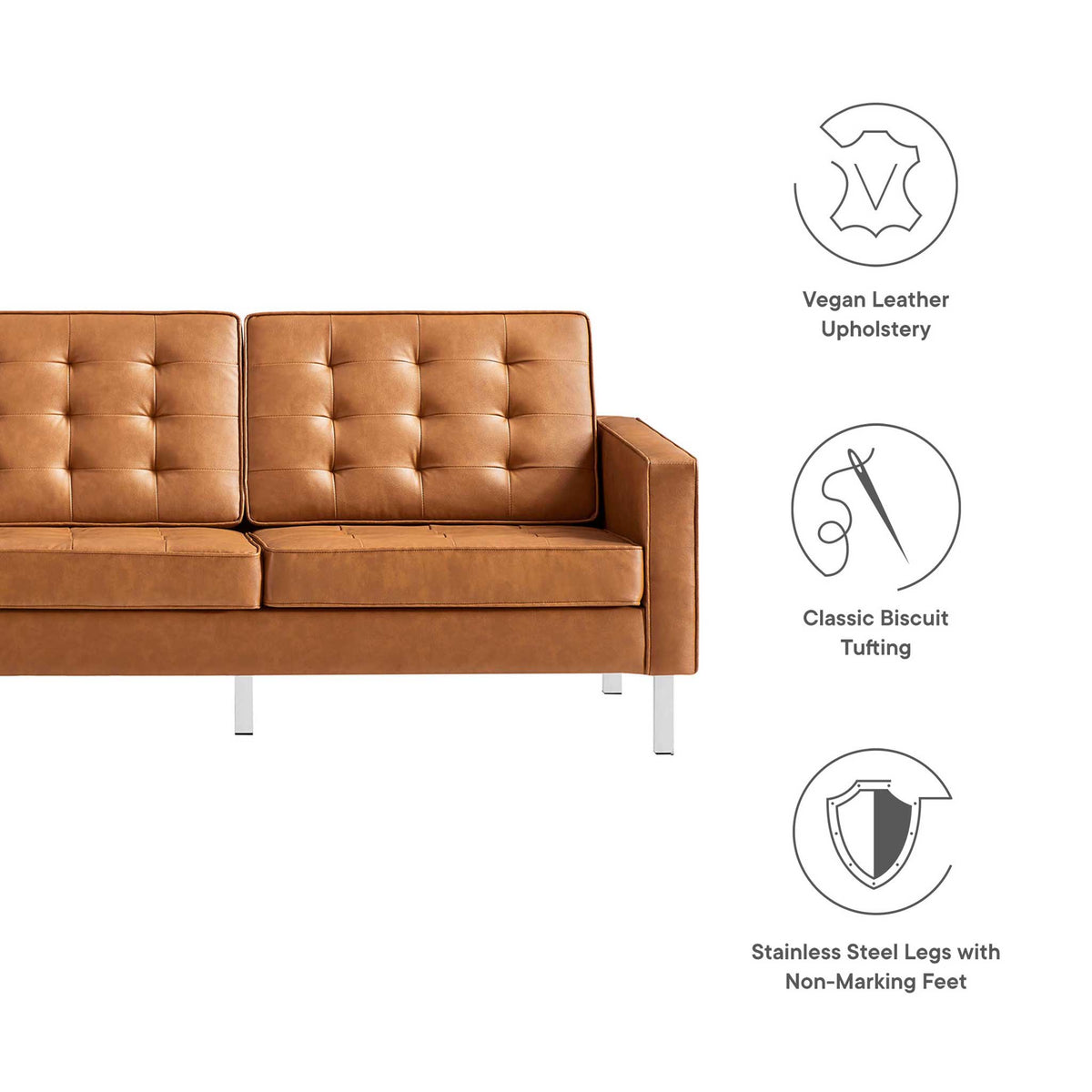 Tan vegan leather, classic biscuit tufting, and stainless steel legs with nonmarking feet.