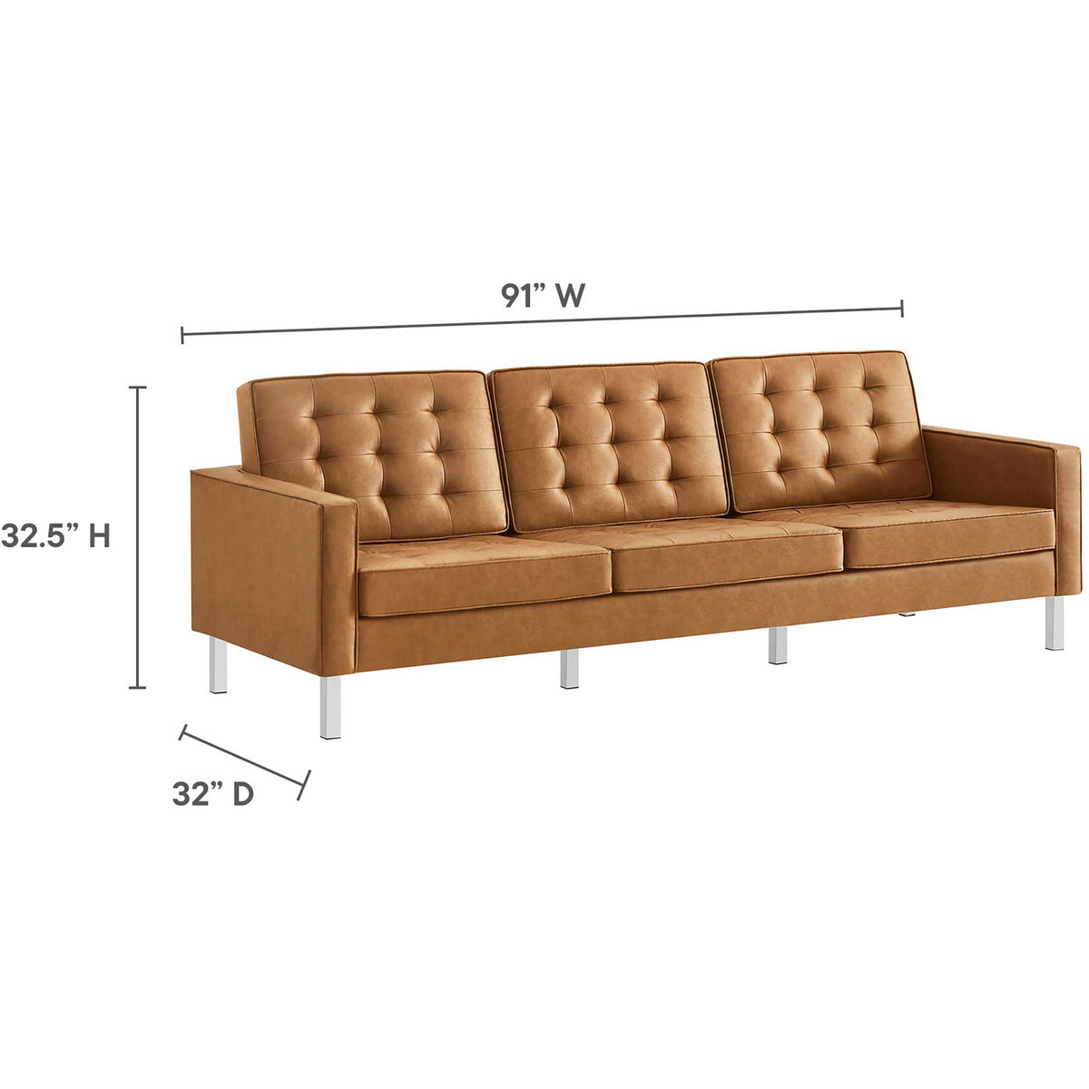 Tan tufted sofa spans 91 inches wide, with a 32-inch depth and 32.5-inch height.