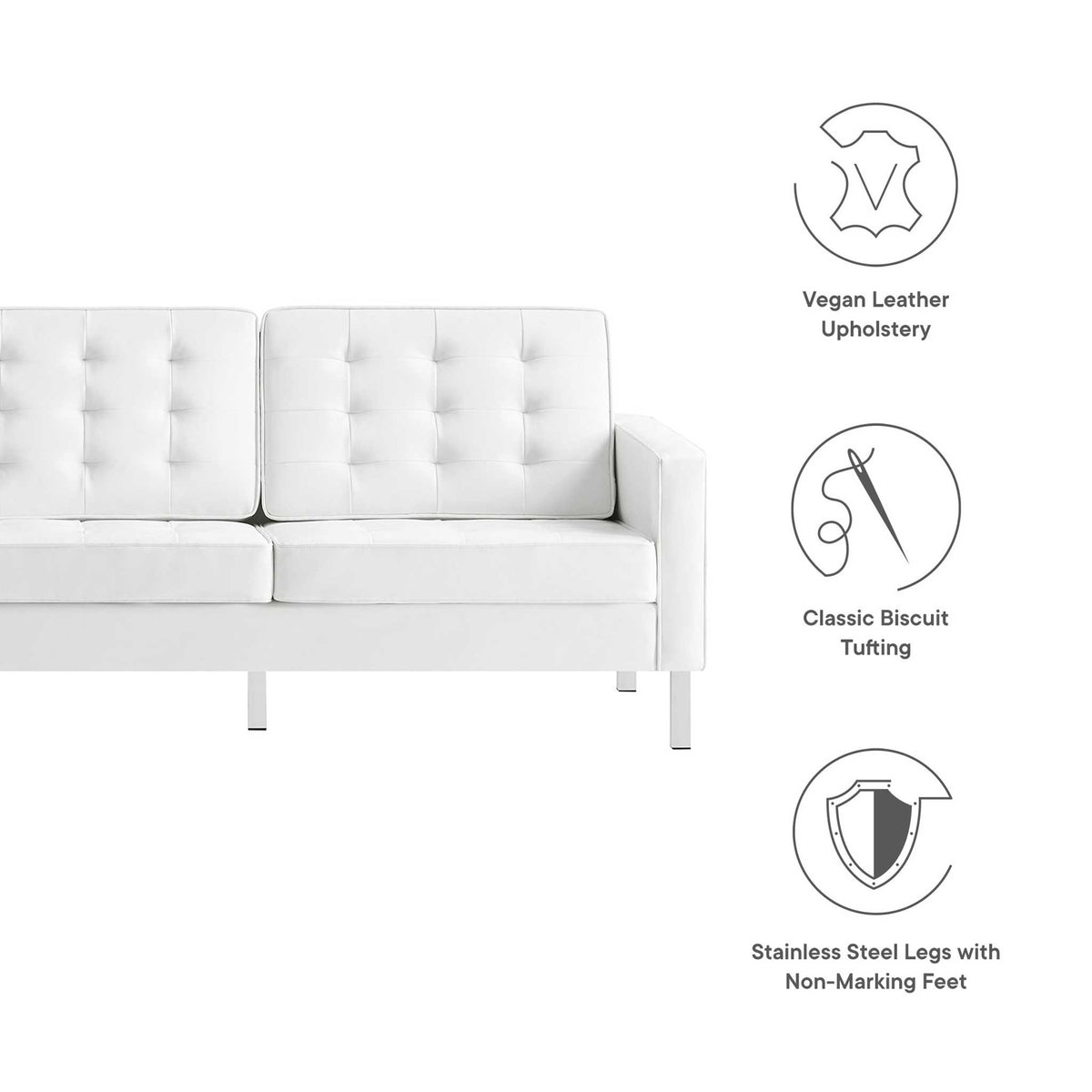 White vegan leather upholstery, biscuit tufting, and stainless steel legs with nonmarking feet.