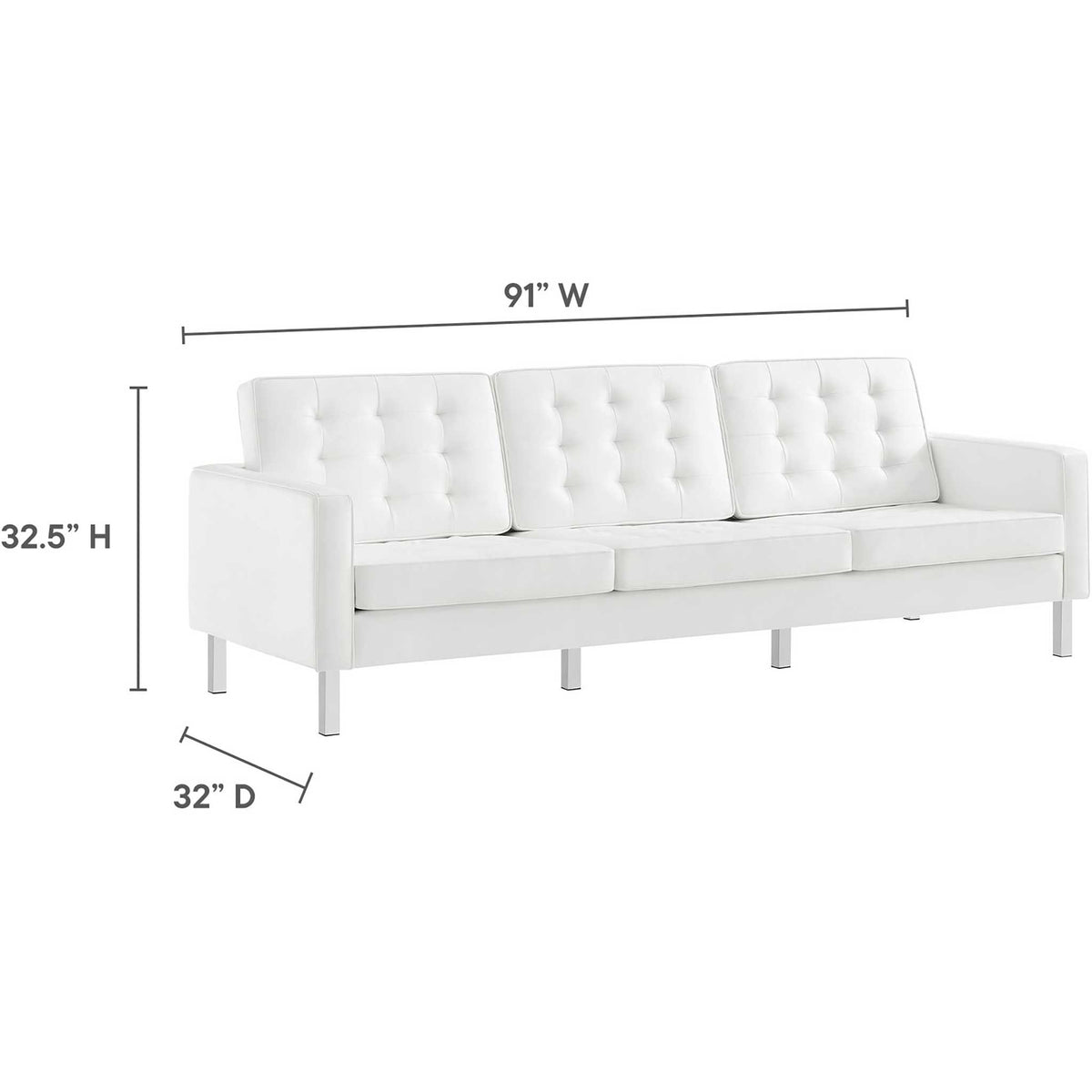 White tufted sofa measures 91 inches wide, 32 inches deep, and 32.5 inches high.