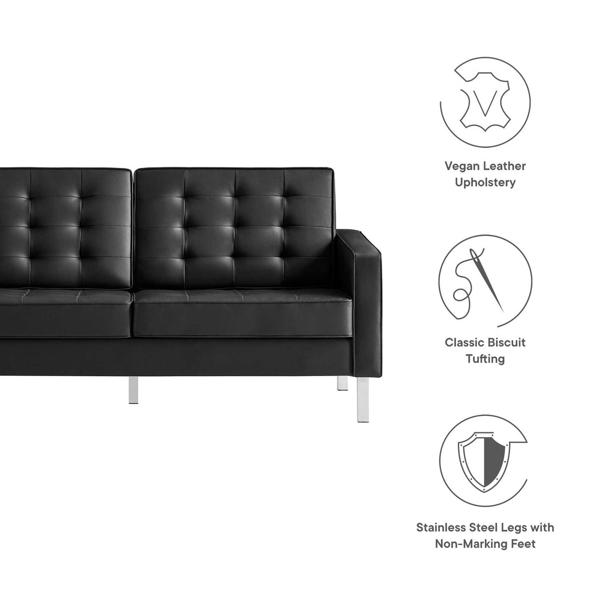 Black vegan leather pairs with biscuit tufting and stainless steel legs with non-marking feet.