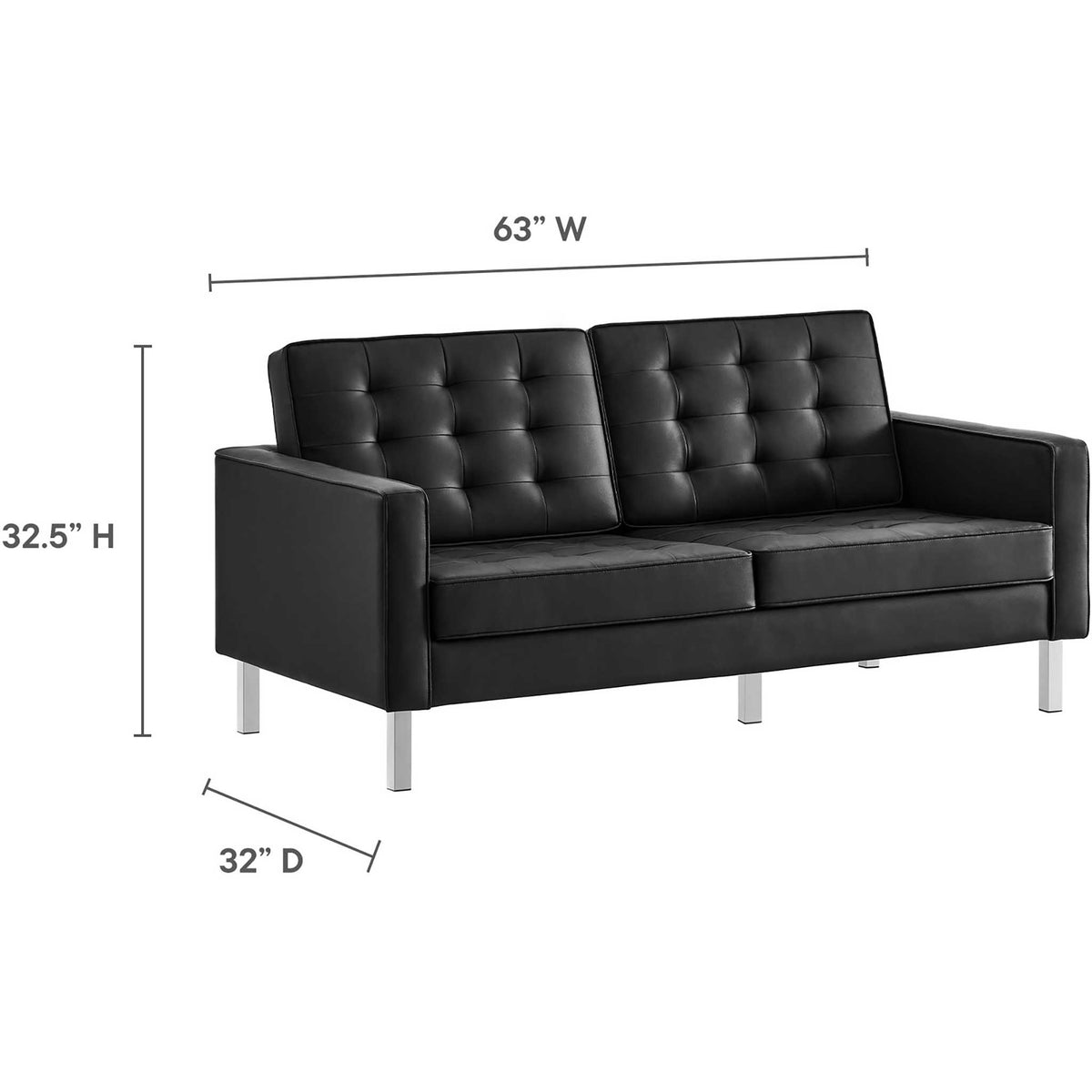 Black tufted loveseat measures 63 inches wide, 32 inches deep, and 32.5 inches high.