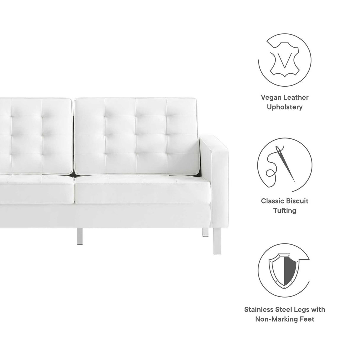 White vegan leather, biscuit tufting, and stainless steel legs with non-marking feet combine style and care.