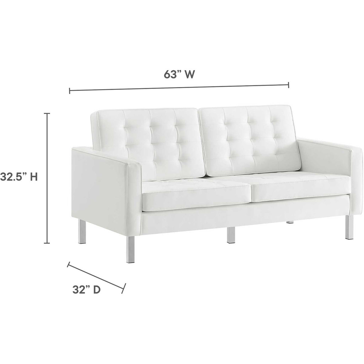 White tufted loveseat measures 63 inches wide, 32 inches deep, and 32.5 inches high.