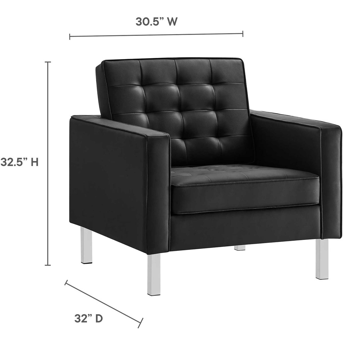 This black vegan leather armchair measures 30.5 inches wide, 32 inches deep, and 32.5 inches high.