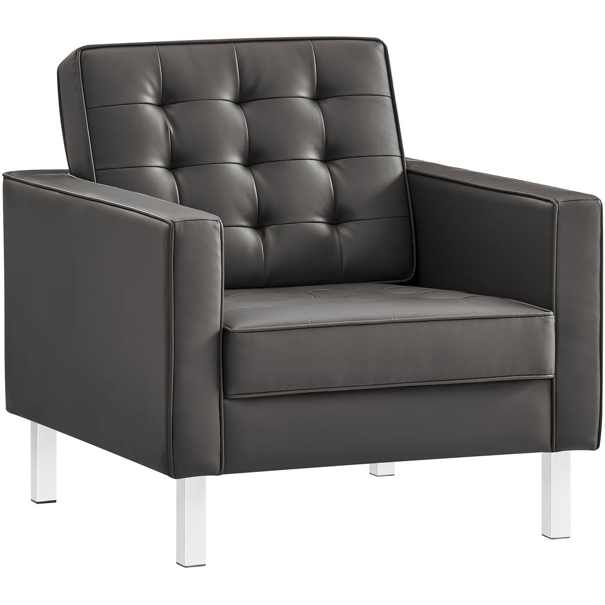Mid-century box-arm chair in silver gray vegan leather with deep seat and dense foam padding || EEI-3391-SLV-GRY || front_angle_studio