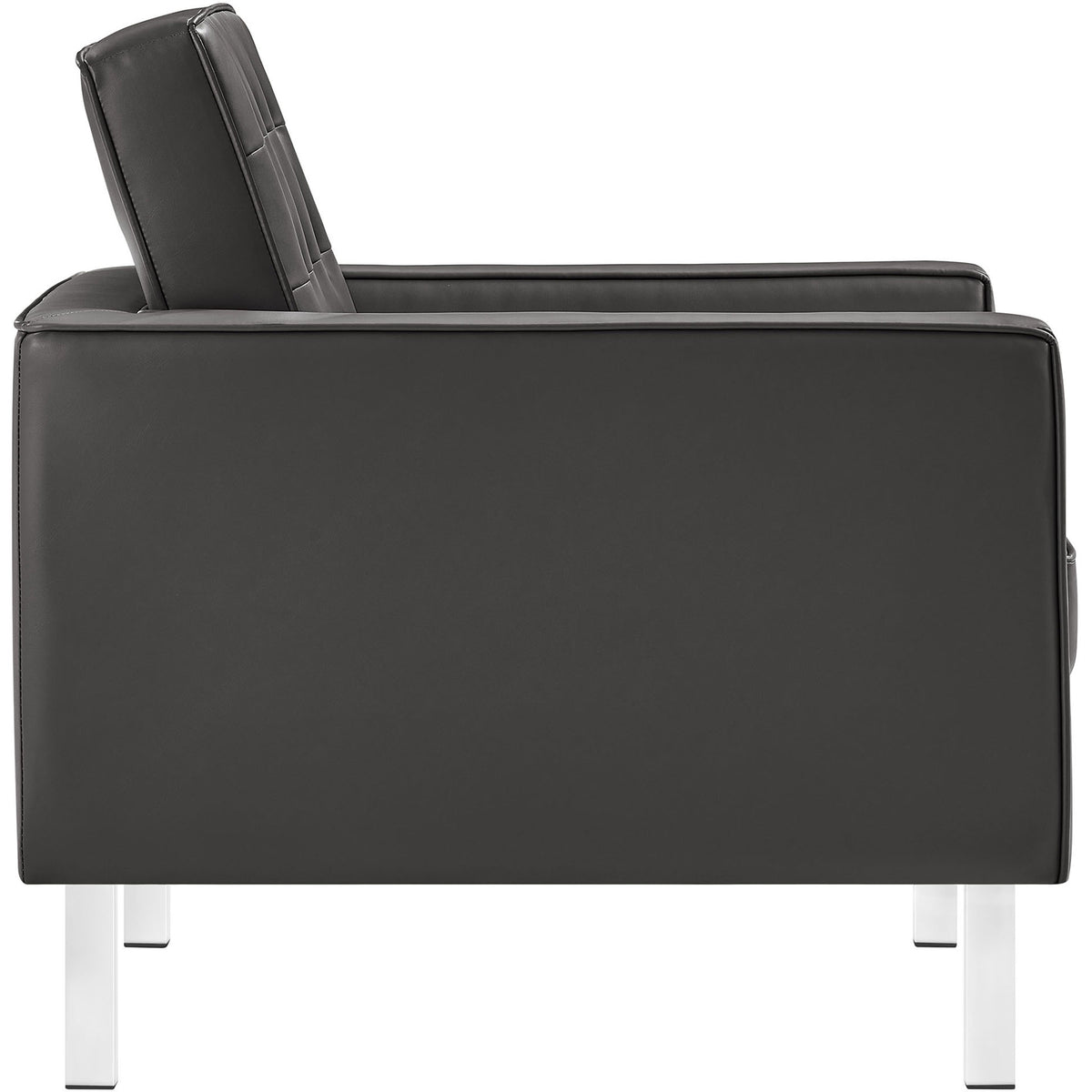 Track arms and streamlined profile in silver gray vegan leather on gleaming steel legs || EEI-3391-SLV-GRY || side_studio
