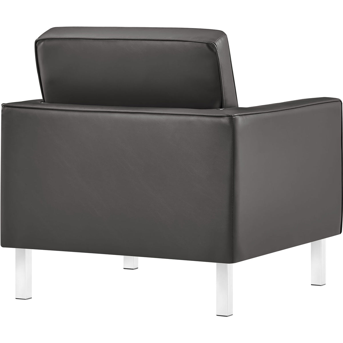 Sleek tailored back and smooth vegan leather with chrome-finished legs || EEI-3391-SLV-GRY || back_angle_studio