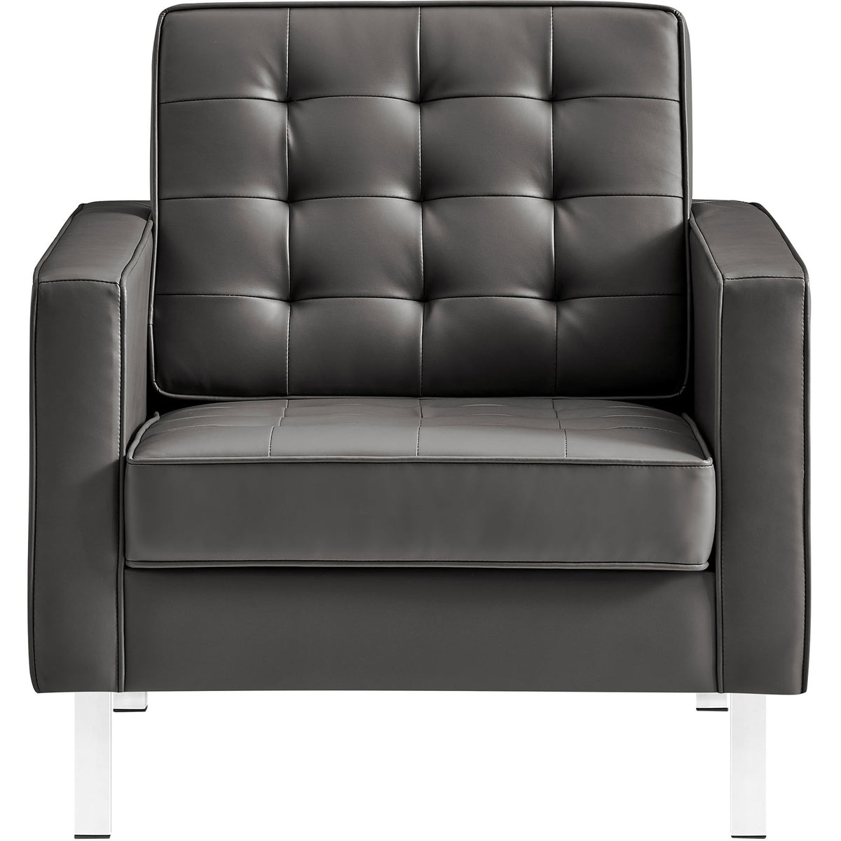 Silver gray vegan leather armchair with biscuit tufting and polished stainless steel legs || EEI-3391-SLV-GRY || front_studio