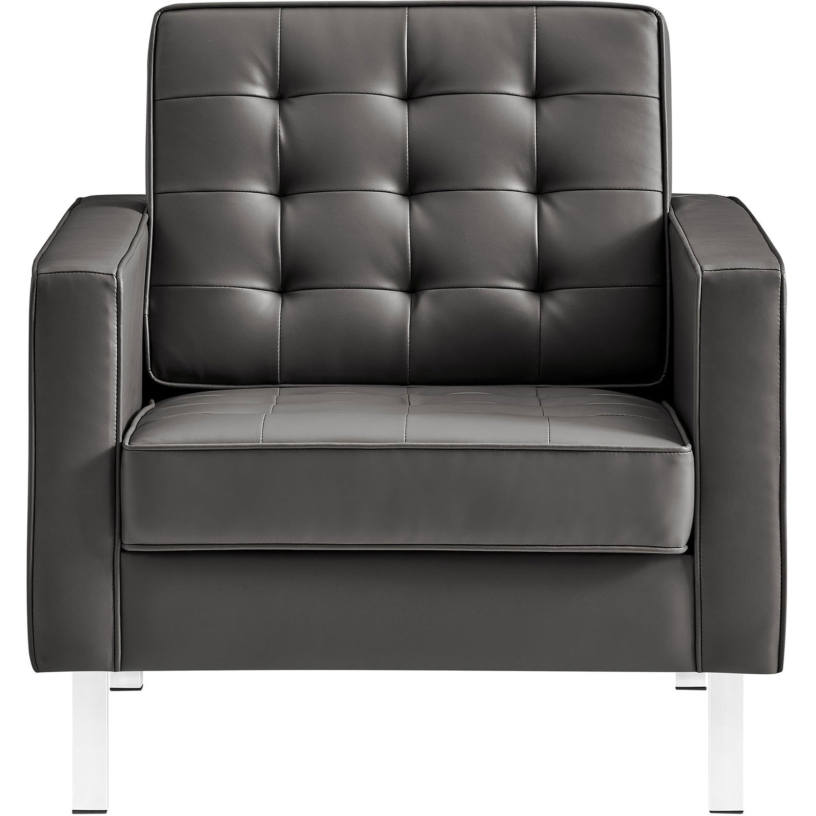 Silver gray vegan leather armchair with biscuit tufting and polished stainless steel legs || EEI-3391-SLV-GRY || front_studio