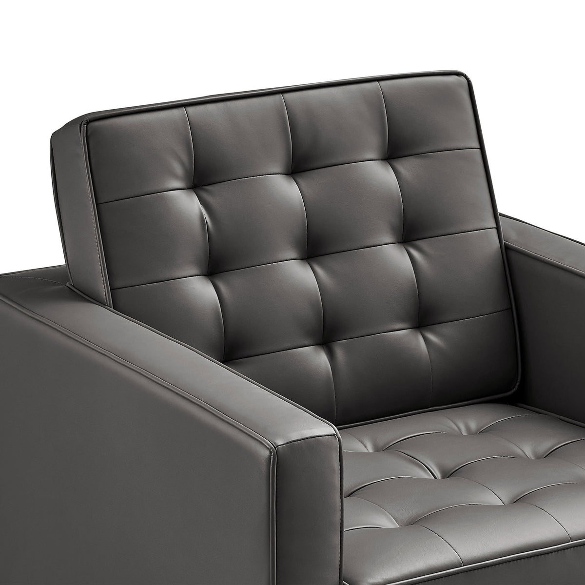 Biscuit tufting and piped edges on supple vegan leather upholstery || EEI-3391-SLV-GRY || detail_studio