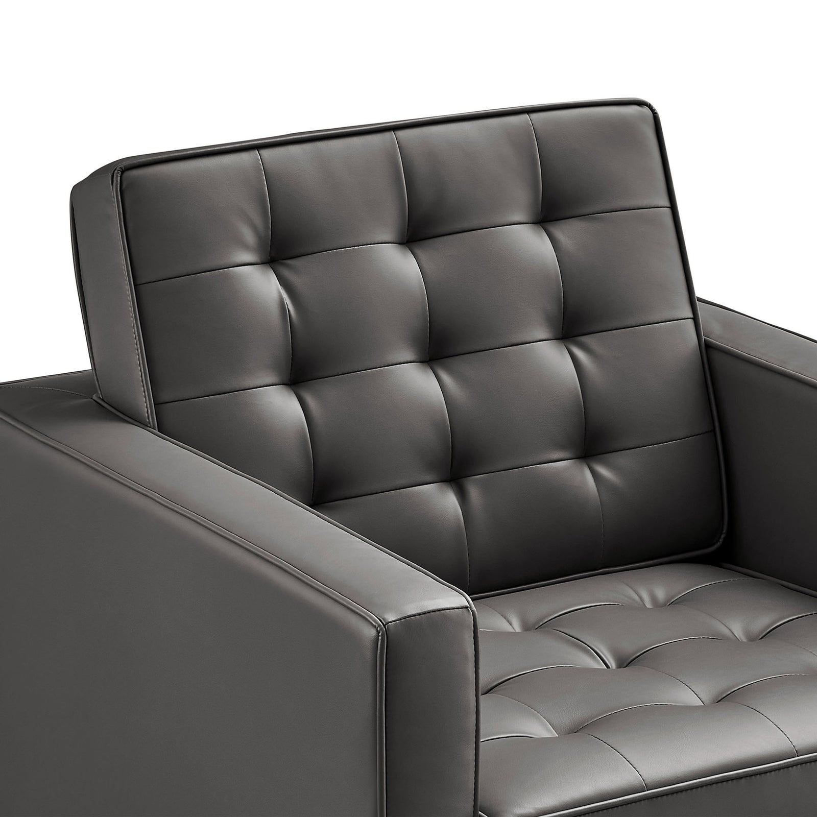 Biscuit tufting and piped edges on supple vegan leather upholstery || EEI-3391-SLV-GRY || detail_studio