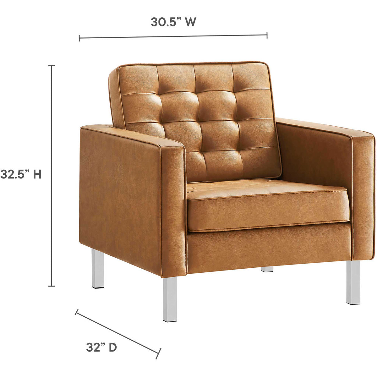 This tan vegan leather armchair measures 30.5 inches wide, 32 inches deep, and 32.5 inches high.