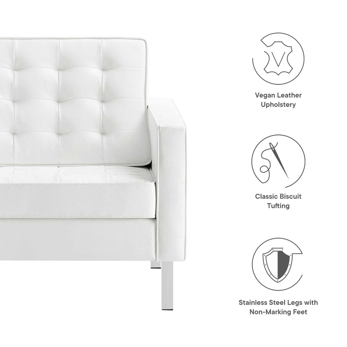 White vegan leather, classic biscuit tufting, and stainless steel legs with non-marking feet.