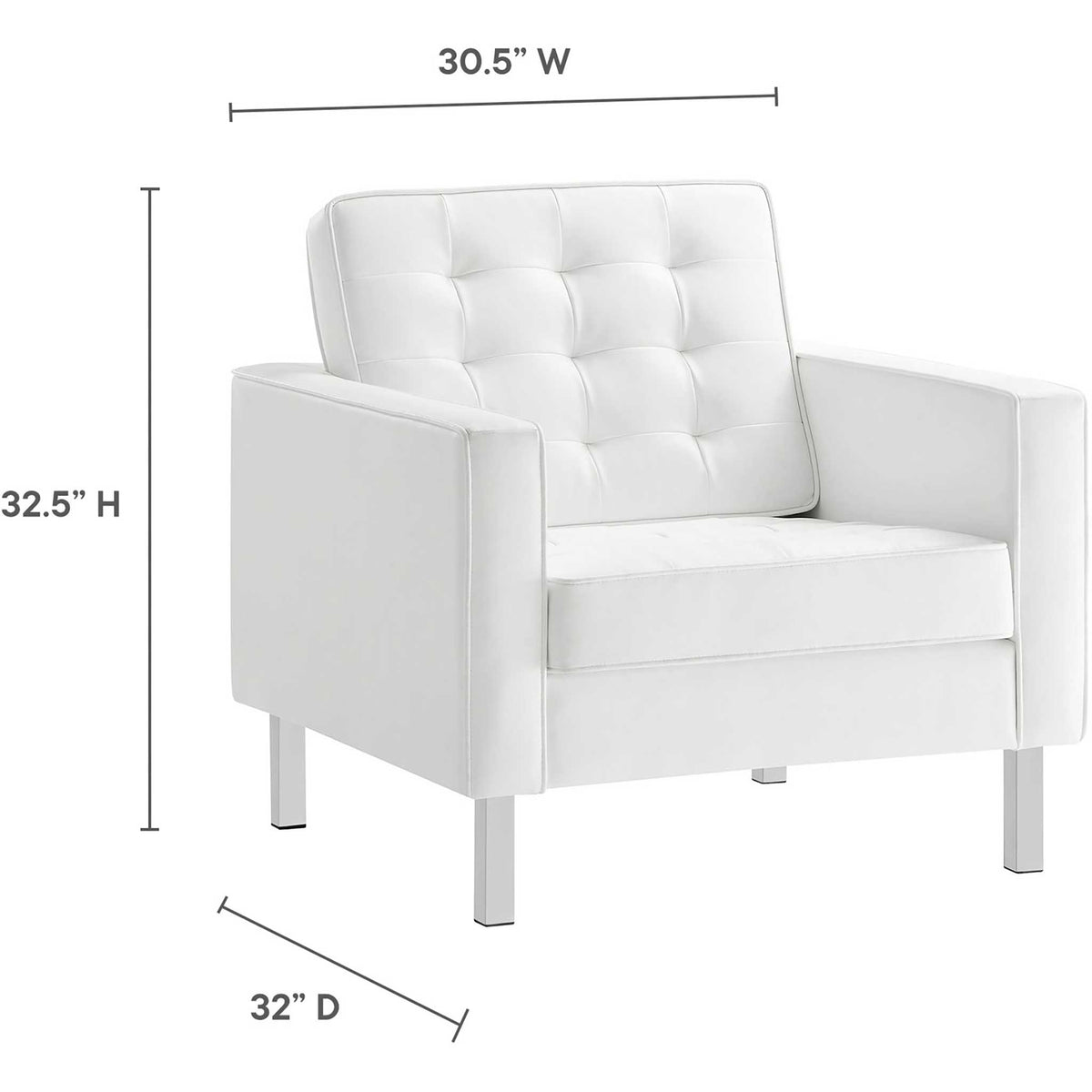 This white vegan leather armchair measures 30.5 inches wide, 32 inches deep, and 32.5 inches high.