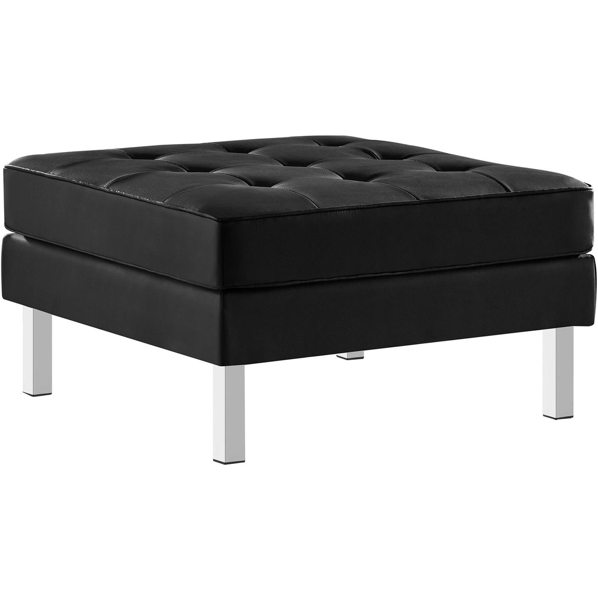 Square black tufted vegan leather ottoman with sleek silver metal legs || EEI-3394-SLV-BLK || front_angle_studio