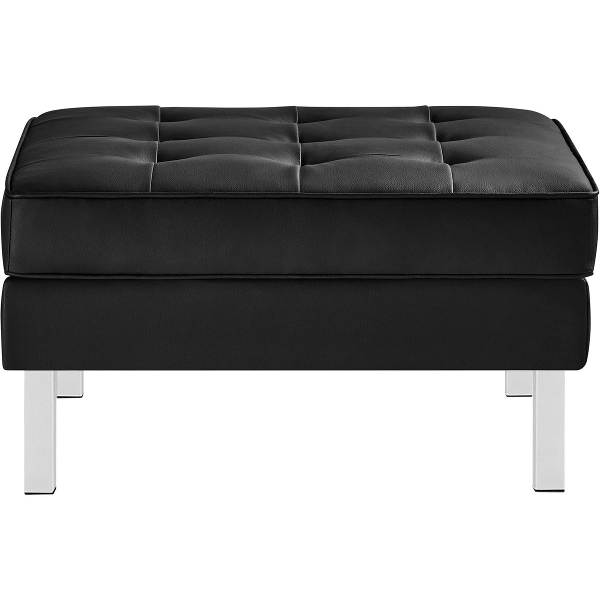 Modern black vegan leather ottoman with biscuit tufting and silver legs || EEI-3394-SLV-BLK || front_studio