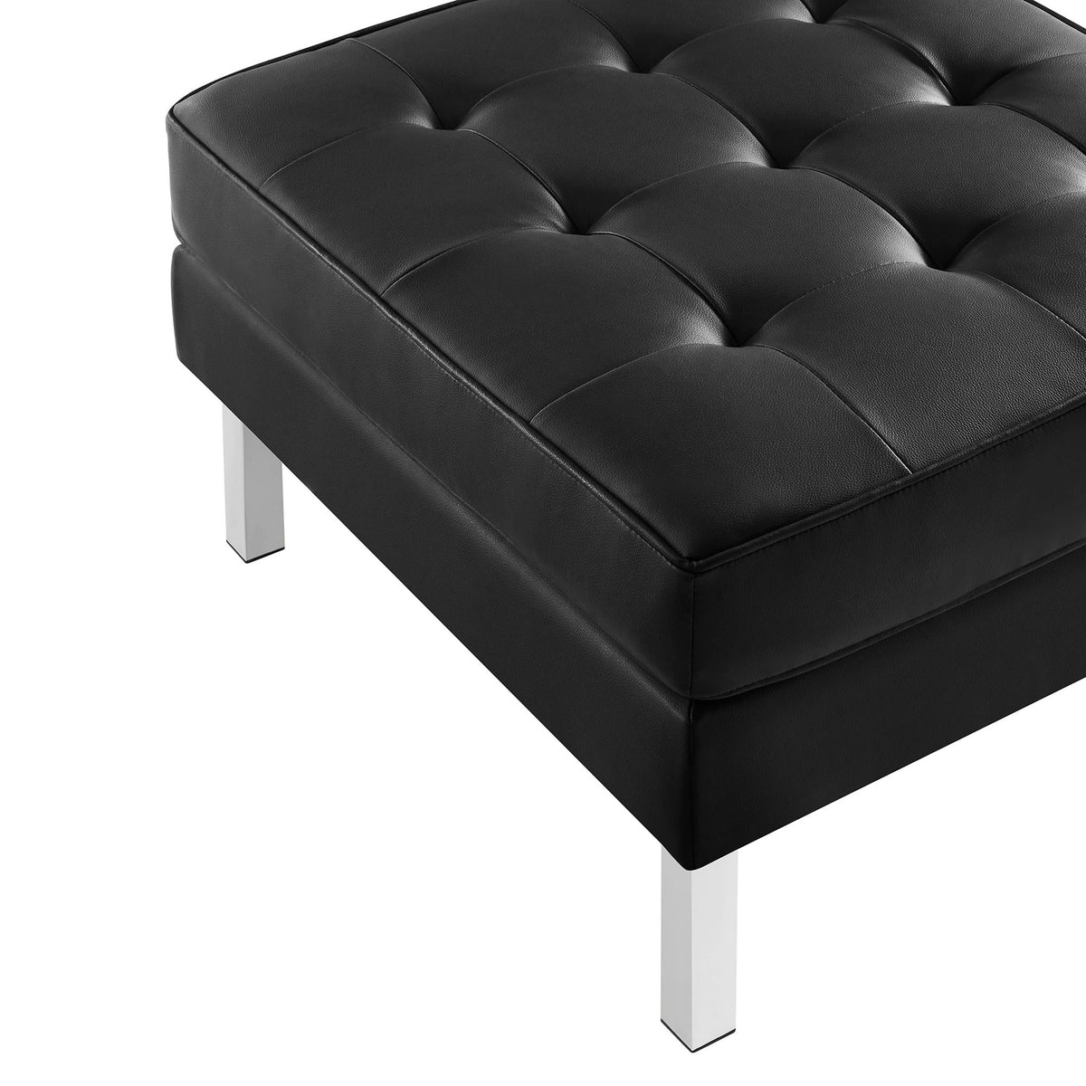 Tufted black vegan leather cushion and sleek silver leg detail on ottoman || EEI-3394-SLV-BLK || detail_studio