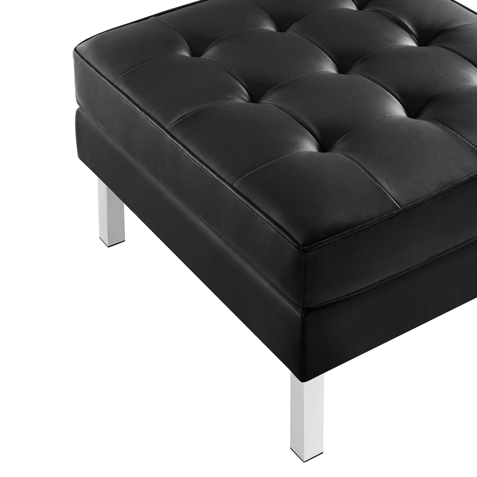 Tufted black vegan leather cushion and sleek silver leg detail on ottoman || EEI-3394-SLV-BLK || detail_studio
