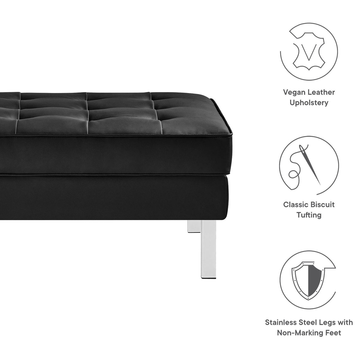 Black tufted vegan leather ottoman with icons highlighting upholstery, tufting, and leg features || EEI-3394-SLV-BLK || callout_studio